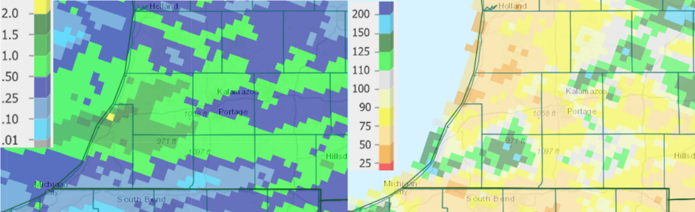 Precipitation totals for the past seven days (left) and departure from normal for the past 30 days (right) as of Sept. 9.